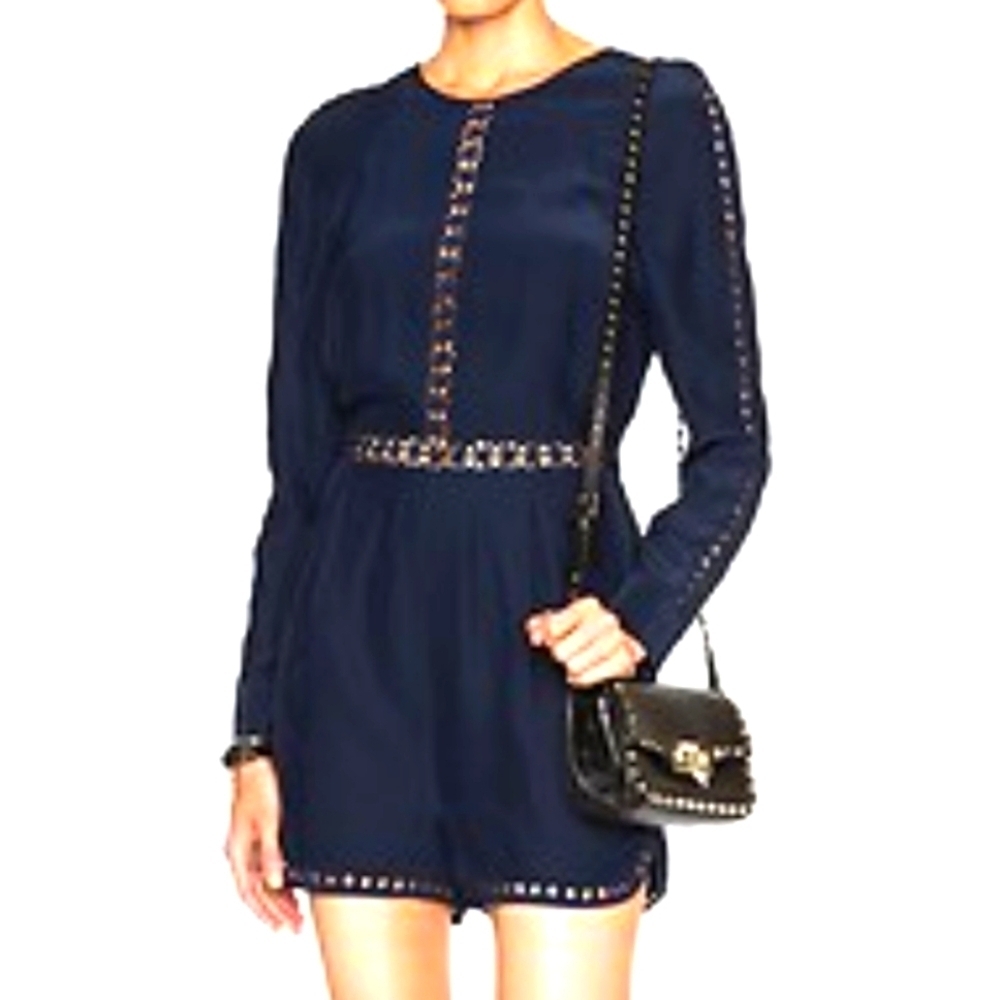 JONATHAN SIMKHAI | Silk Navy Blue Crossbar Romper Jumpsuit | Size S